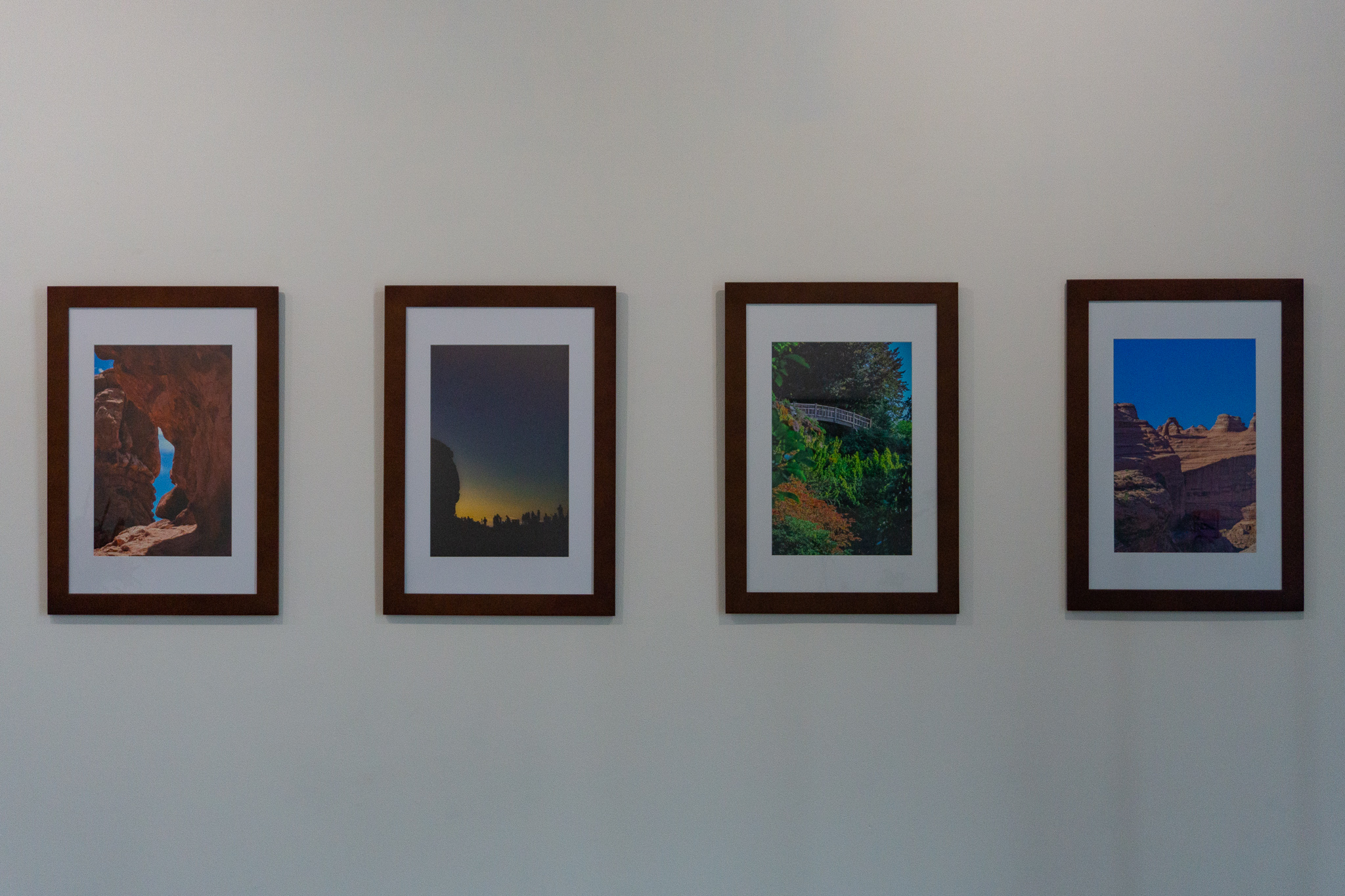 Framed environmental photographs on the wall
