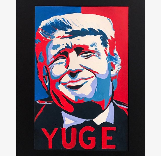 A Donald Trump version of the famous Barack Obama "peace" campaign poster with the word "Yuge" in all caps at the bottom