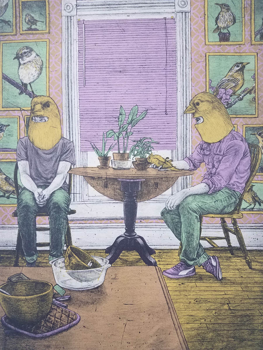 An artwork displaying two people wearing bird masks sitting at a small table with houseplants on it, pictures of birds behind them.