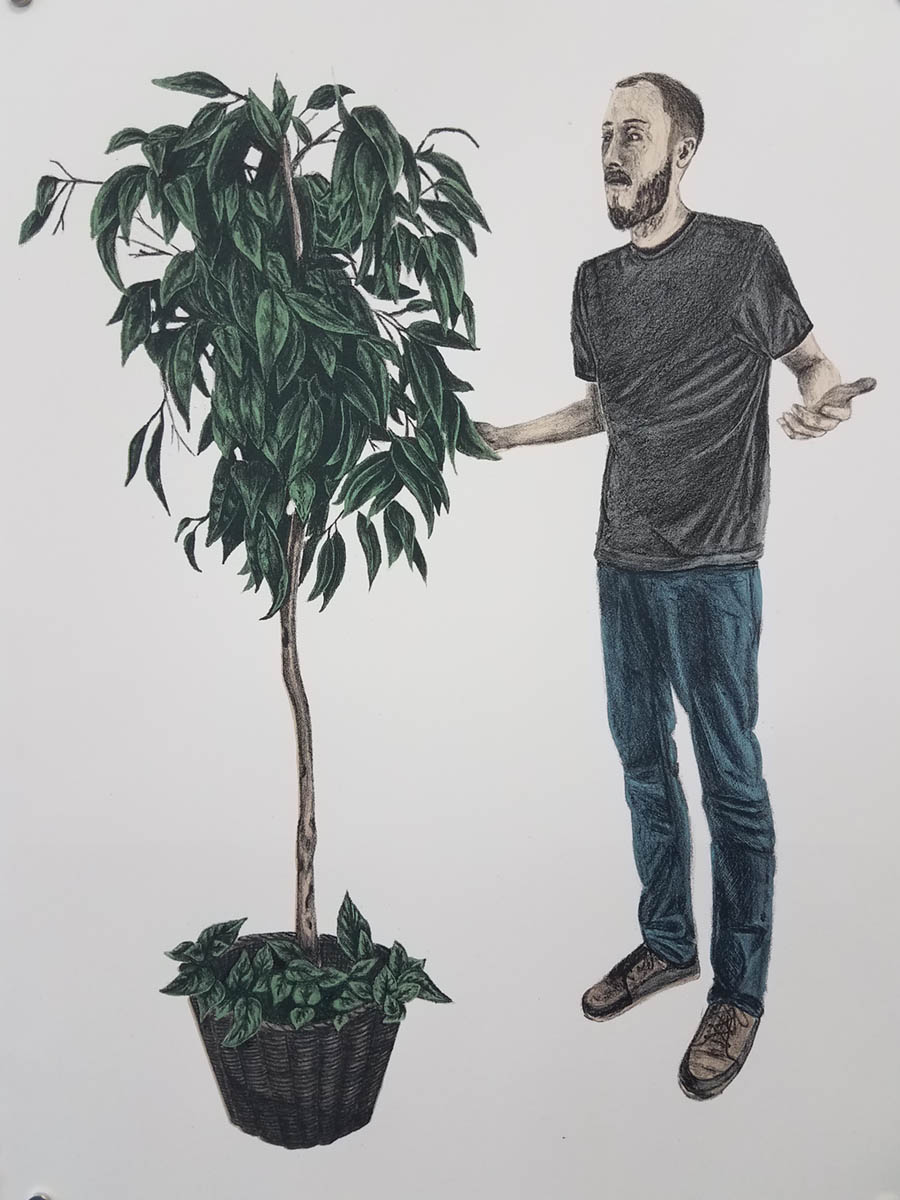 An artwork of a man standing next to a houseplant