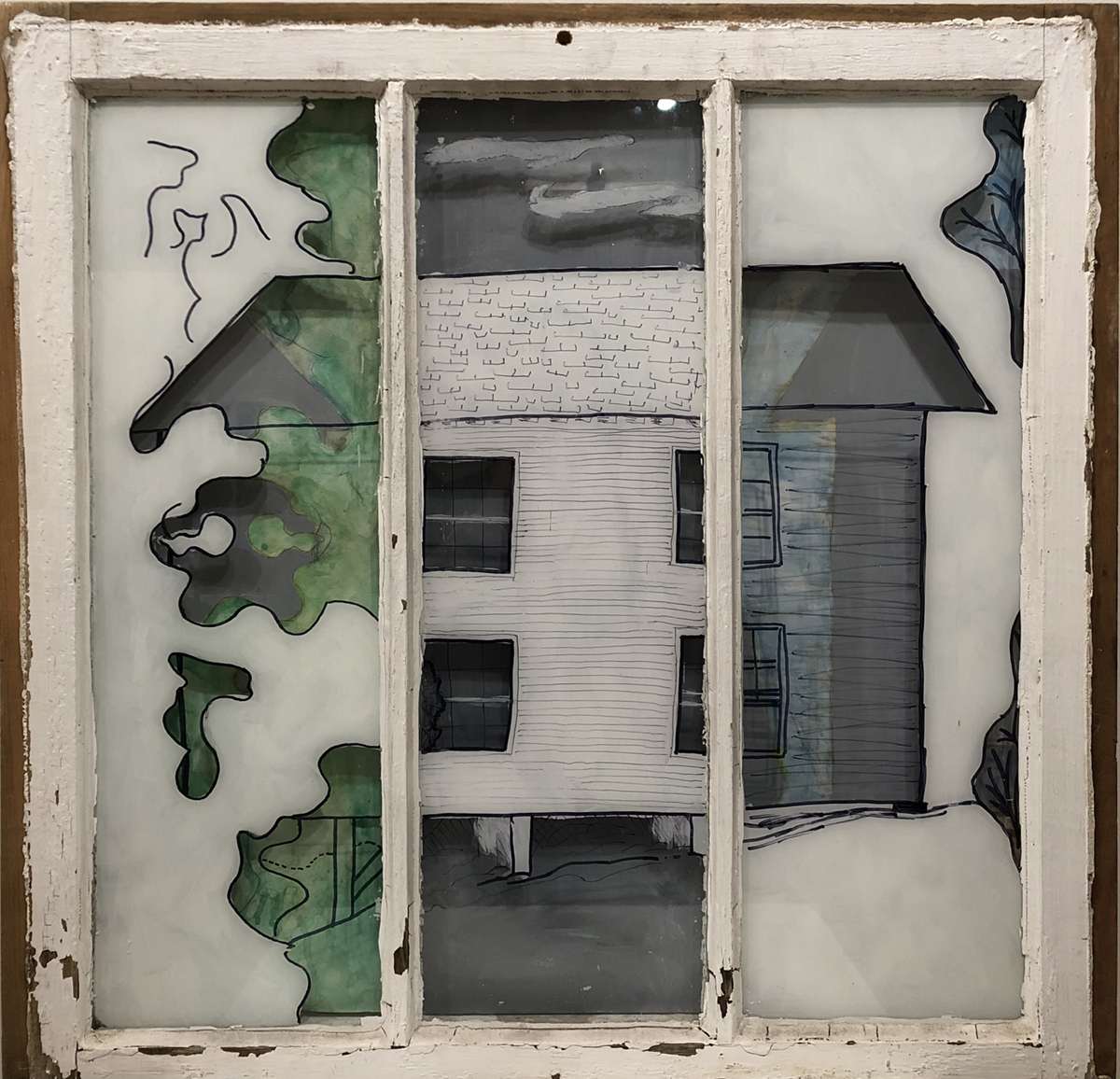 Photo of  A Study in Foreground, acrylic on glass, showing an image of a house across different glass and acrylic styles