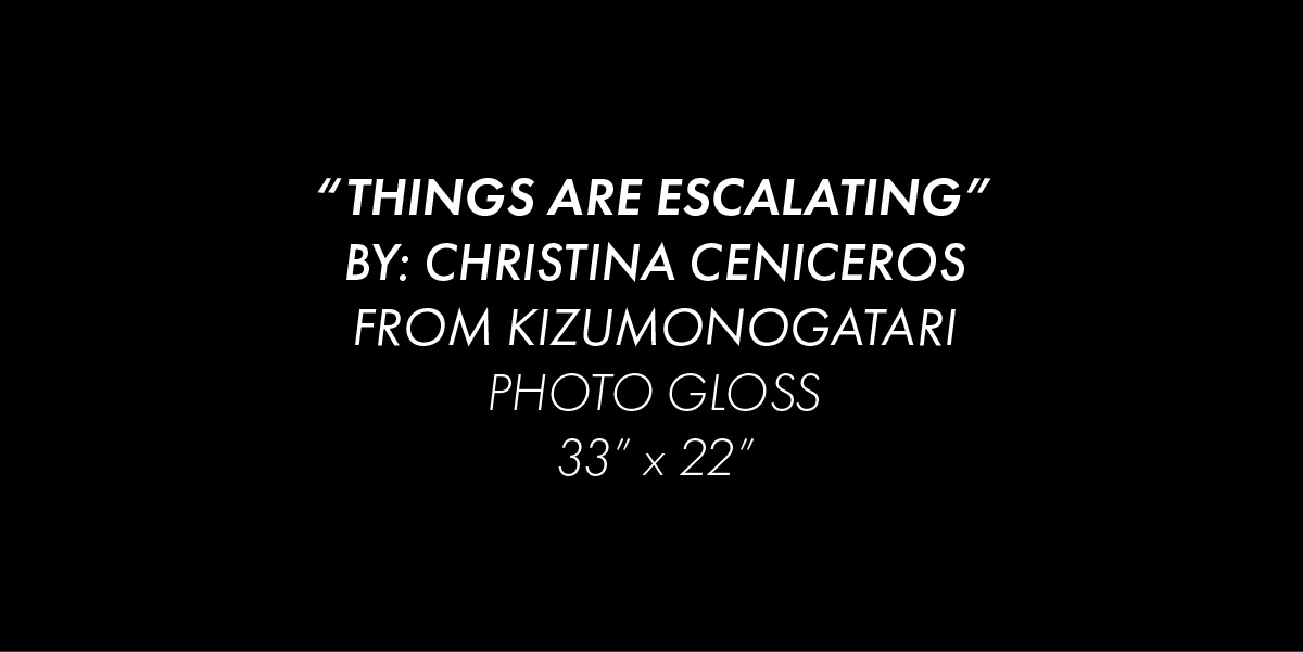 A black background with white text reading "Things are Escalating", Christina Ceniceros, from Kizumonogatari, Photo Gloss, 33 inches by 22 inches