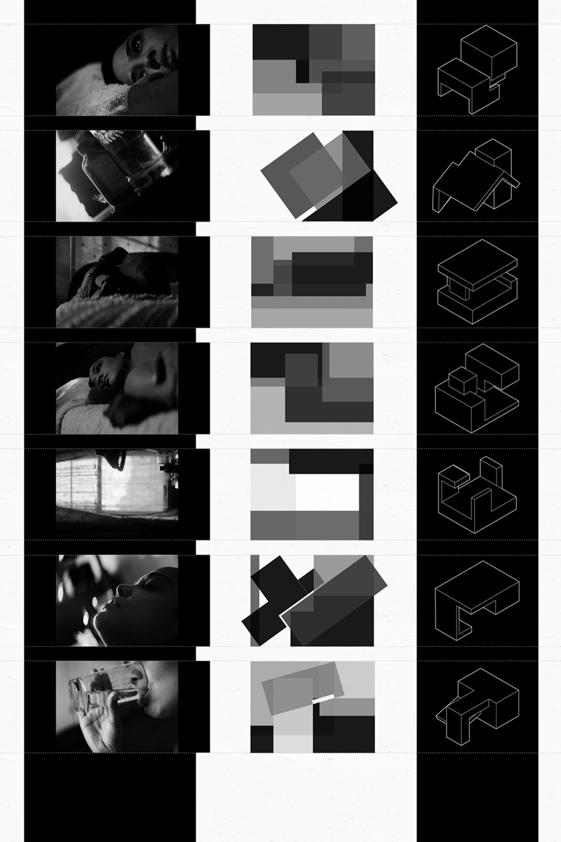 A photo of "Osseus," showing black and white photos and diagrams illustrating color compositions of film stills
