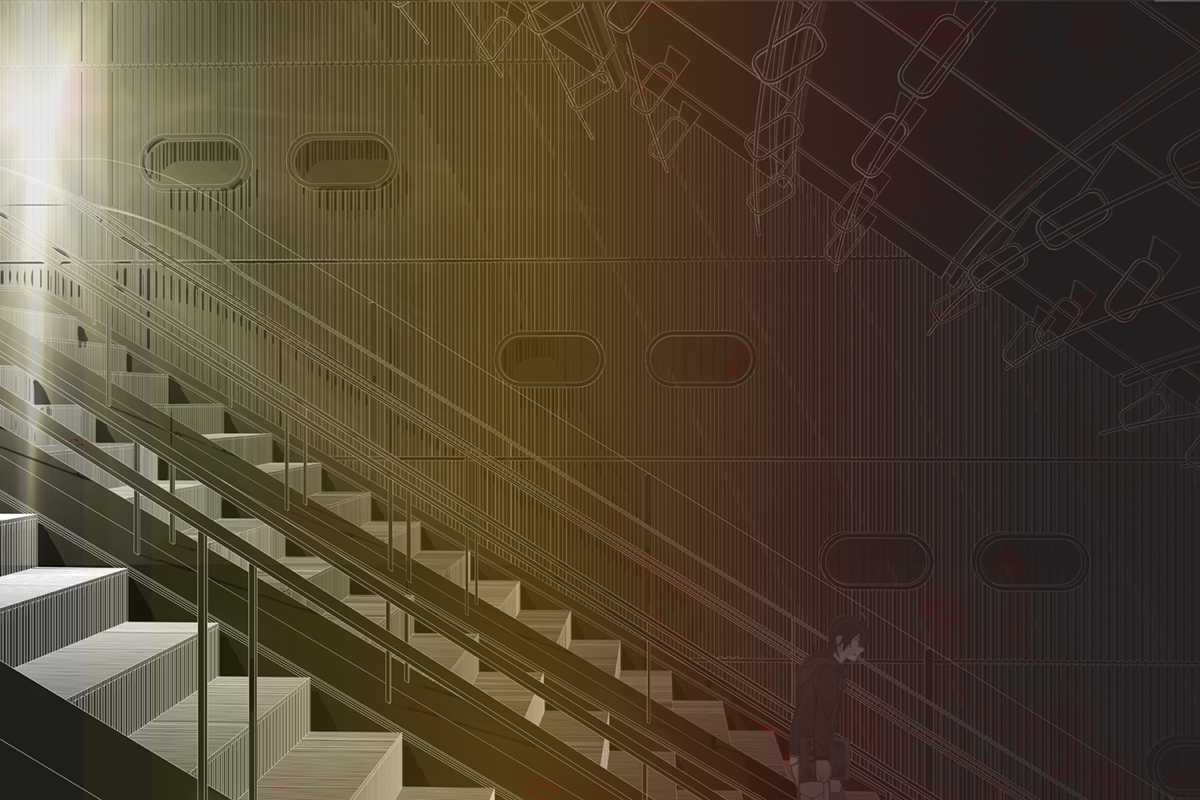 A digital illustration of a subway staircase descending downward