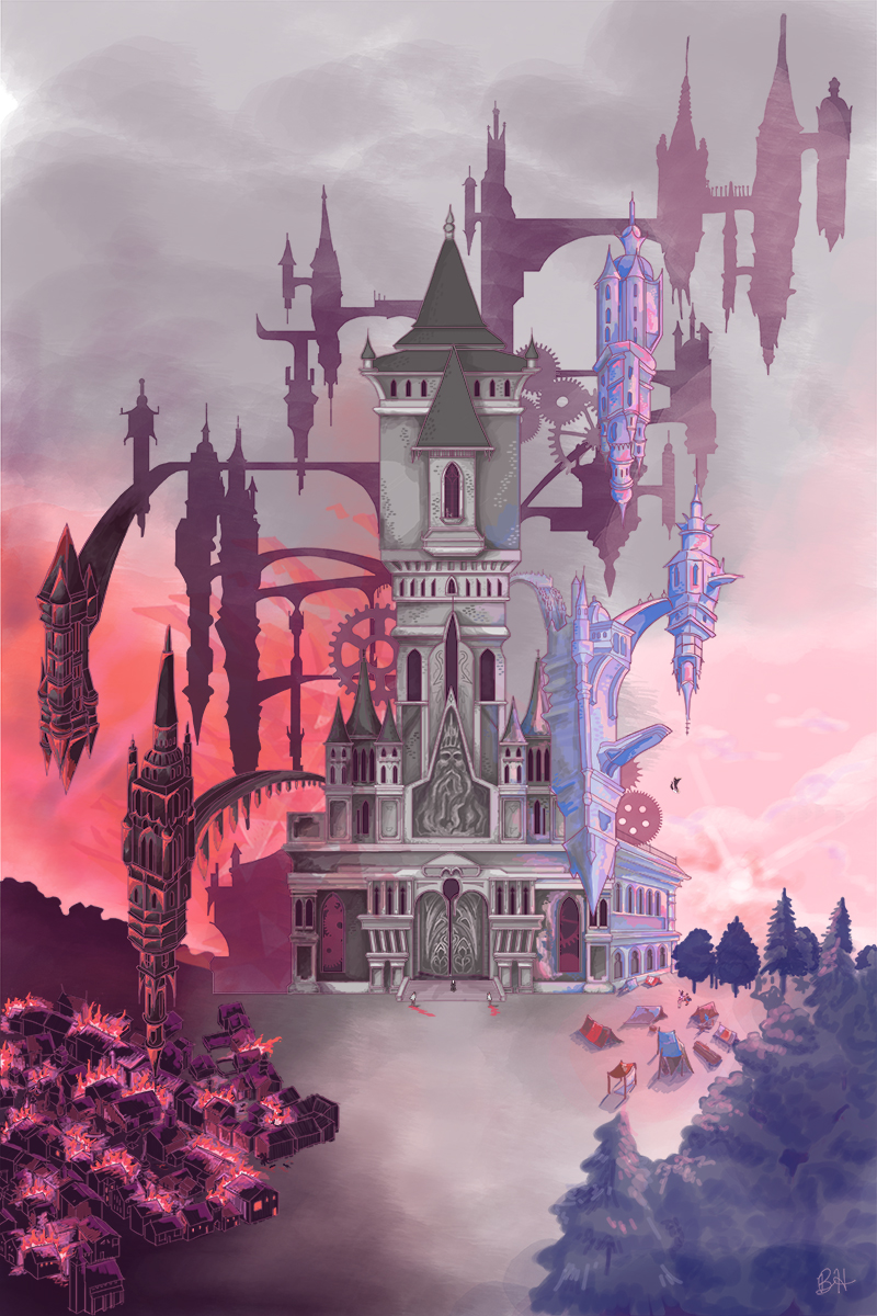 A digital illustration of Dracula's castle from Castlevania