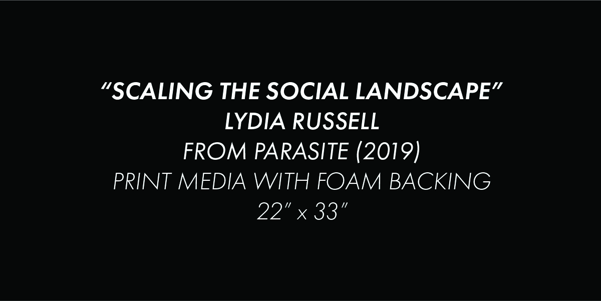 A gray background with the white text "Scaling the Social Landscape," Lydia Russell, from Parasite (2019), Print Media with Foam Backing, 22 inches by 33 inches