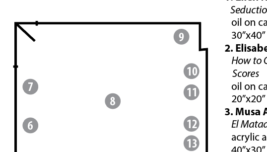 Illustration showing locations of different artworks within the gallery with numbers inside circles overlaying the floorplan