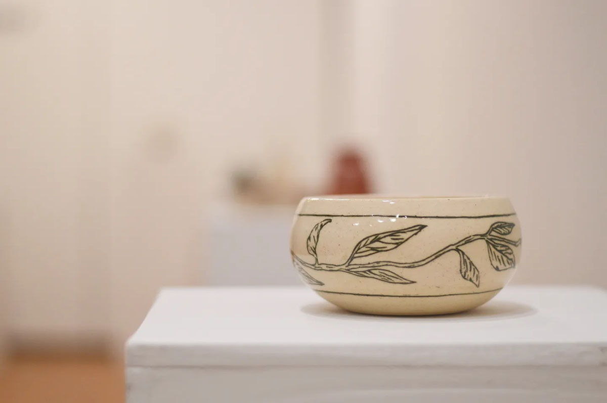 Close  up photo of a ceramic bowl with plant-themed art on it