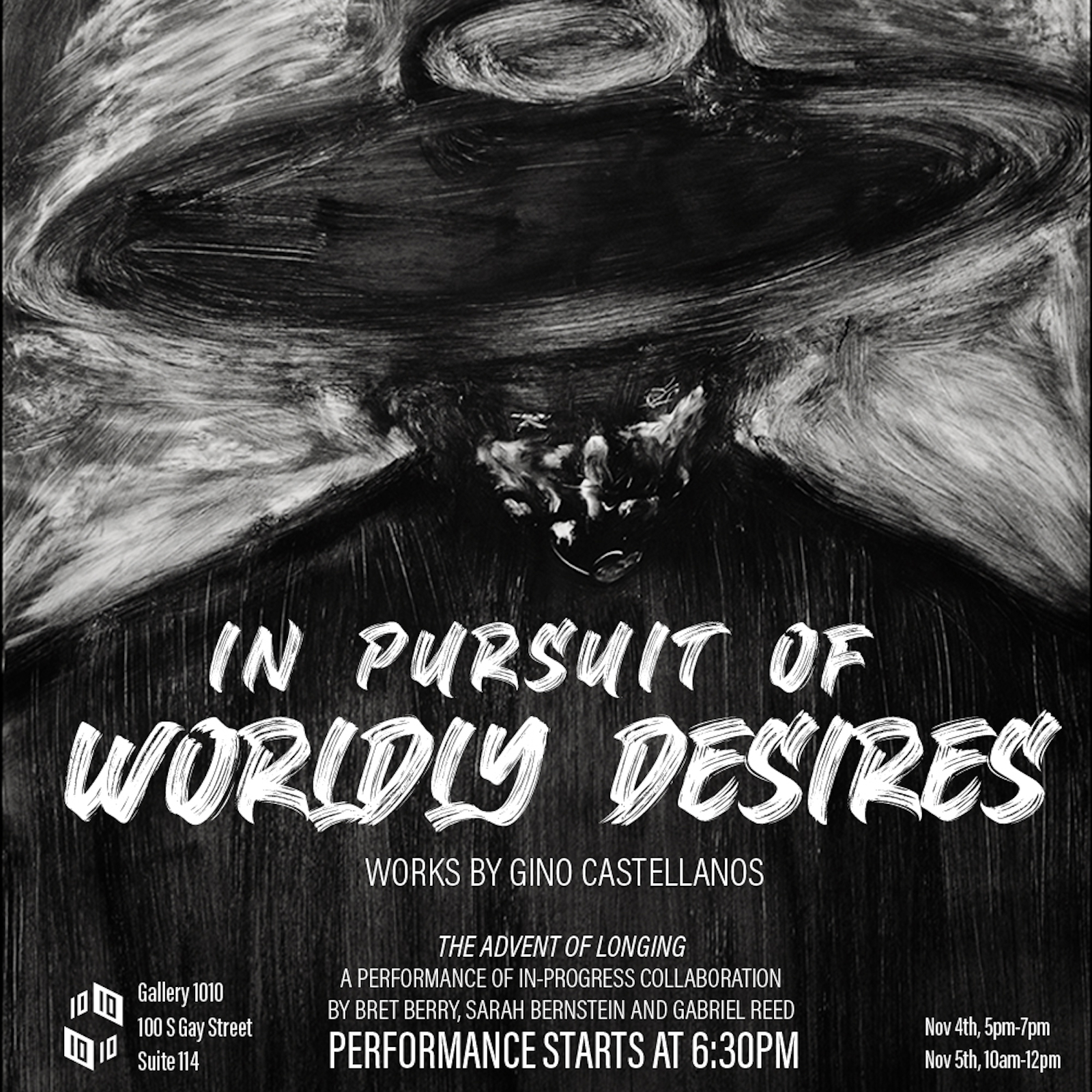 A black and white advertisement of In Pursuit of Worldly Desires, works by Gino Castellanos