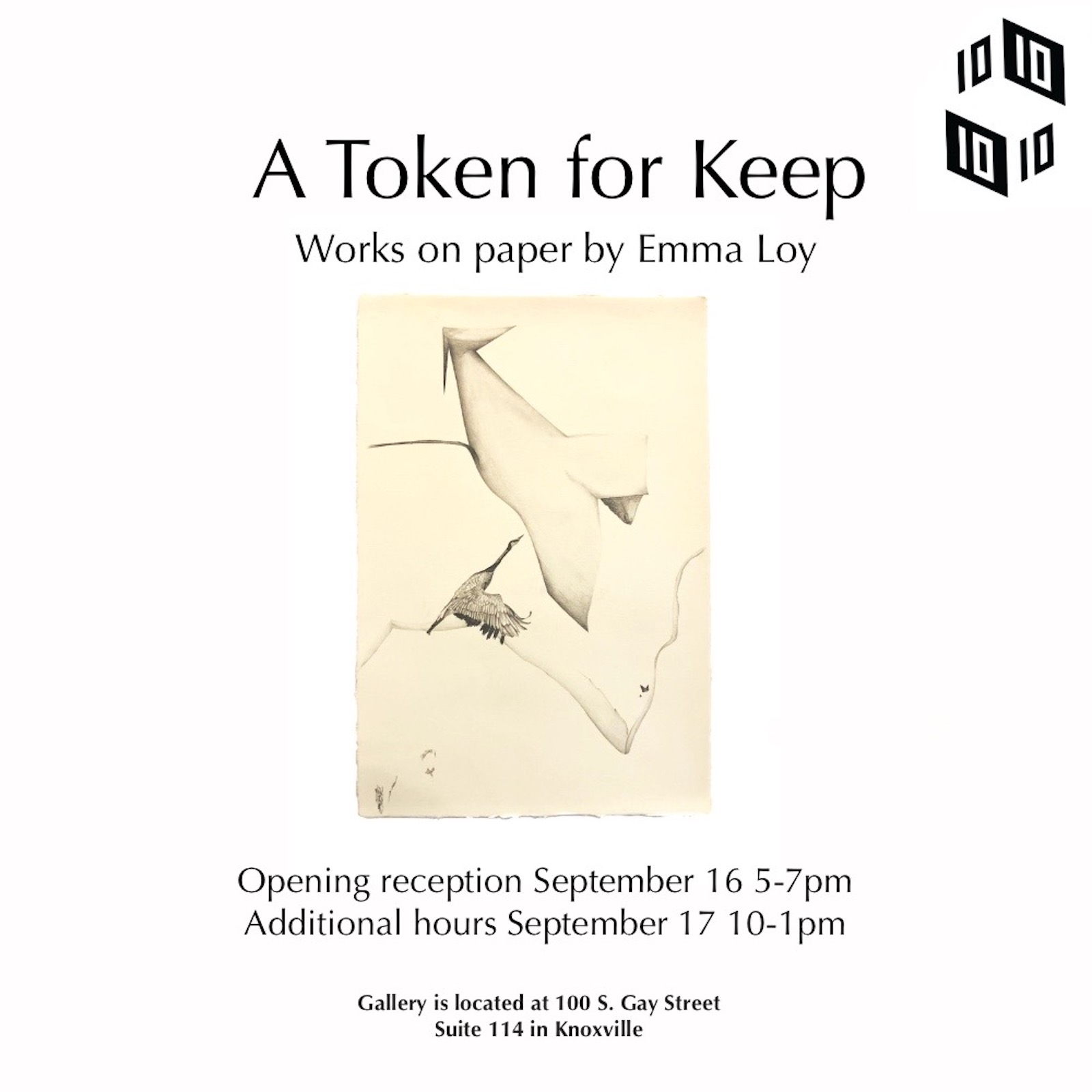Cover image advertising "A Token for Keep: Works on Paper by Emma Loy" at Gallery 1010