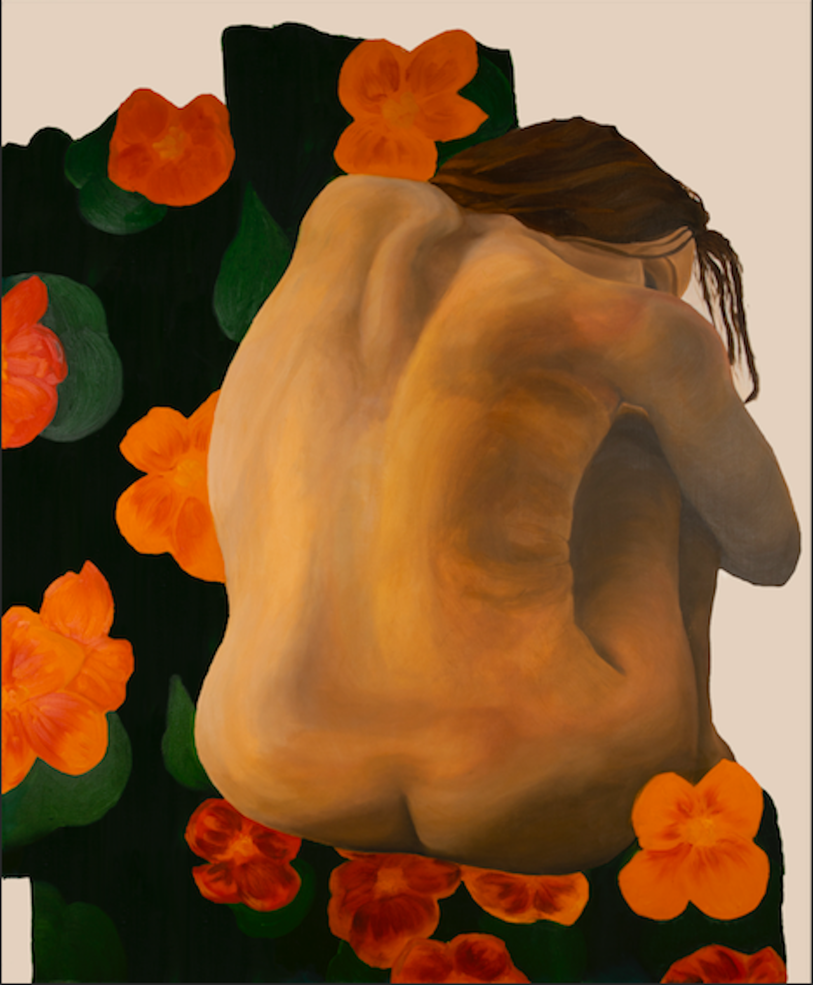 A painting of a woman clutching her knees from behind her back, surrounded by flowers