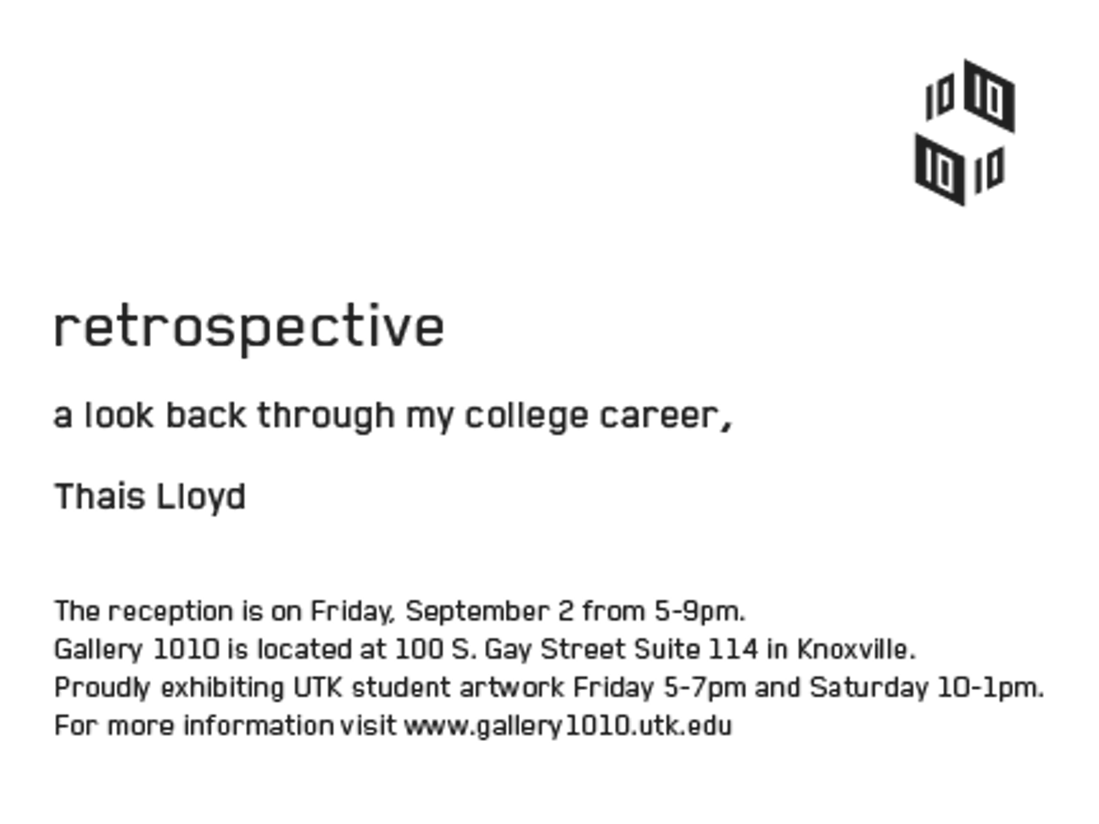 An advertisement for the Retrospective exhibition by Thais Lloyd