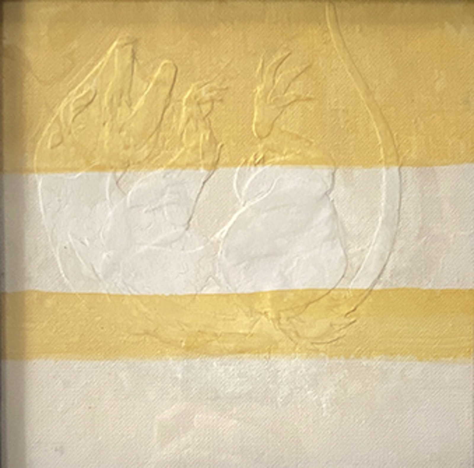 An artwork at the gallery depicting the outline of a falling animal on top of a yellow and white striped backgrounhd