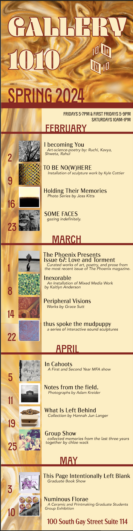 A poster displaying upcoming exhibitions in spring 2024