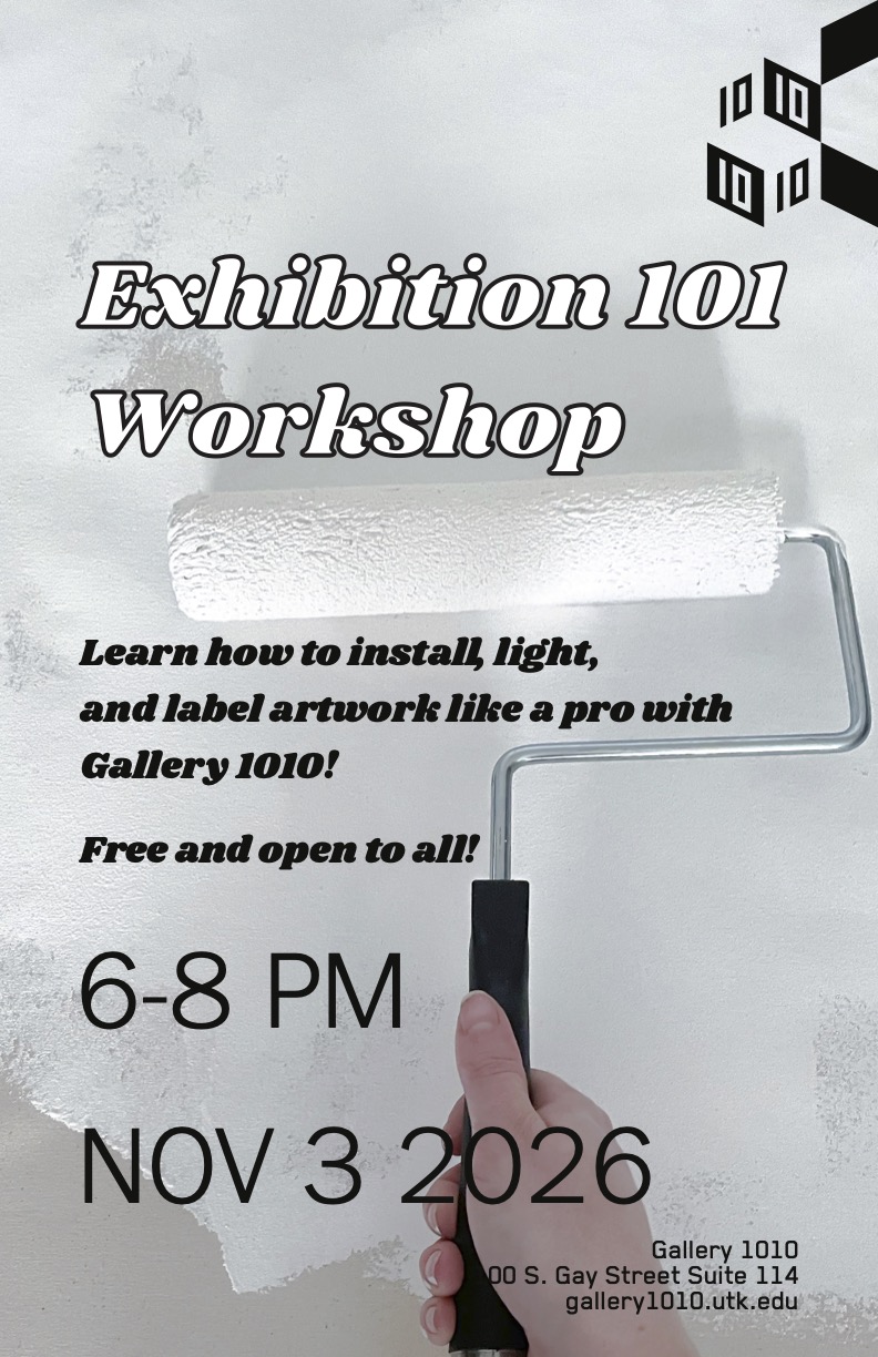 Hand with white paint roller with text "Exhibition 101 Workshop 6-8pm November 3rd".