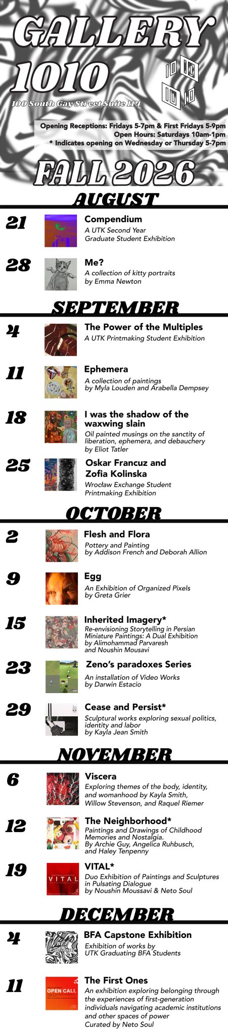 Black and white swirled background with Gallery schedule for fall of 2026