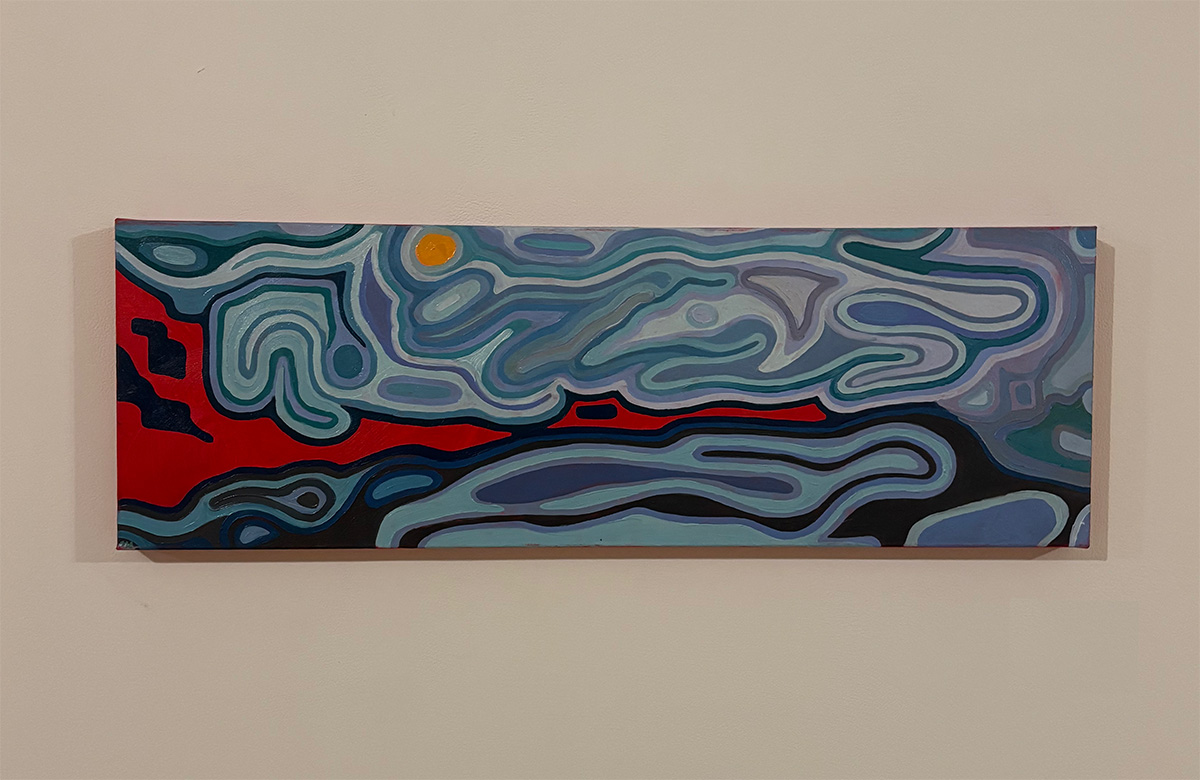 Long horizontal painting titled 'Golden Gate Bridge' by Nolan Steil, mounted on a light-colored wall. The abstract post-impressionist composition uses flowing wavy bands of teal, blue, gray, and white across the upper portion, suggesting clouds or sky, with a small yellow circular sun. A bright red horizontal band cuts across the middle of the canvas, with a dark red and black geometric shape at the left edge suggesting a bridge tower or structure. The lower portion continues the wavy pattern in darker blues and blacks, evoking water below.