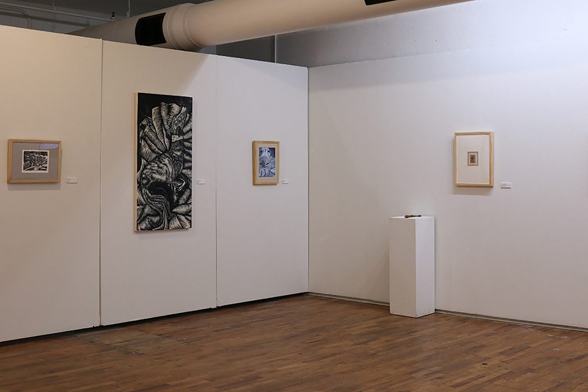 Gallery with framed paintings and prints of animals.