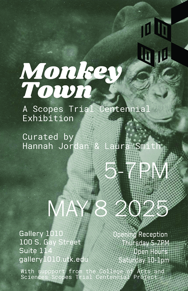 Black and white image of a monkey dressed in a suit with Monkey Town Exhibition dates.