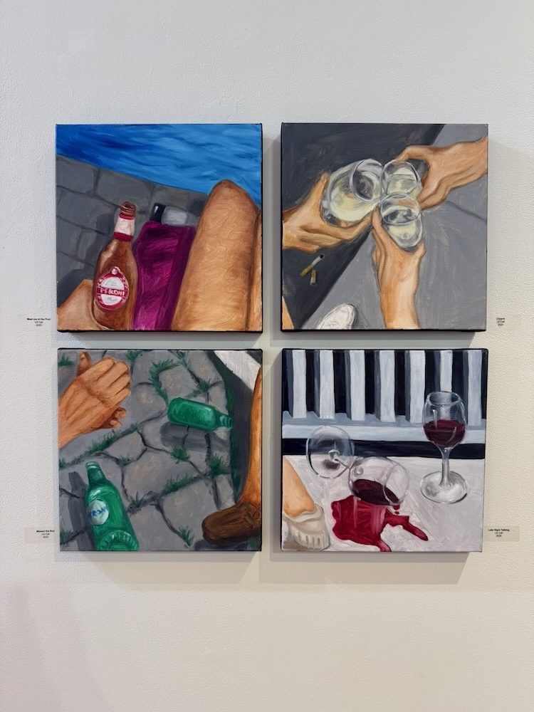 Four paintings of wine glasses and beer bottles.